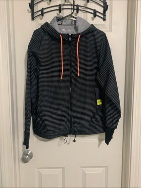 Xersion Black Striped Hooded Jacket with Neon Orange Drawstrings